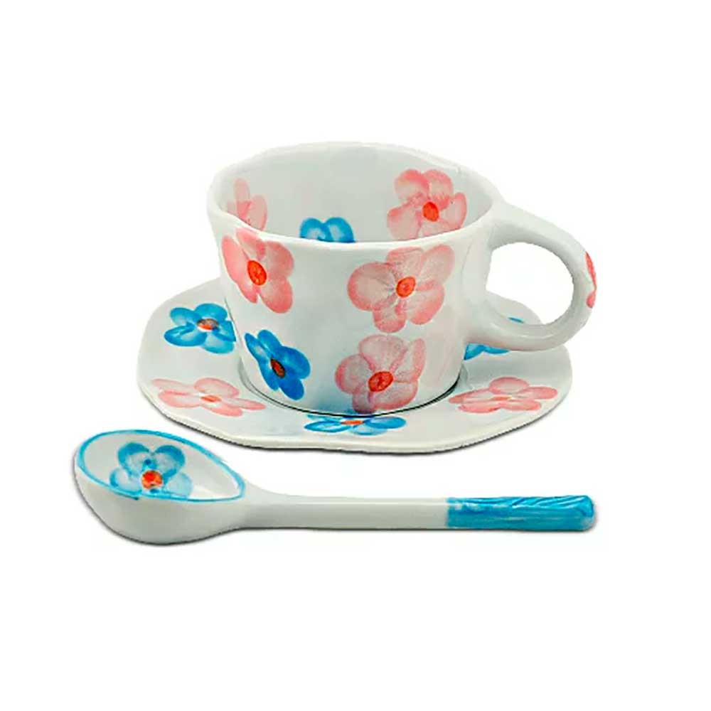 Xícara com Pires em Cerâmica Hand Painted Flowers Azul 300ml