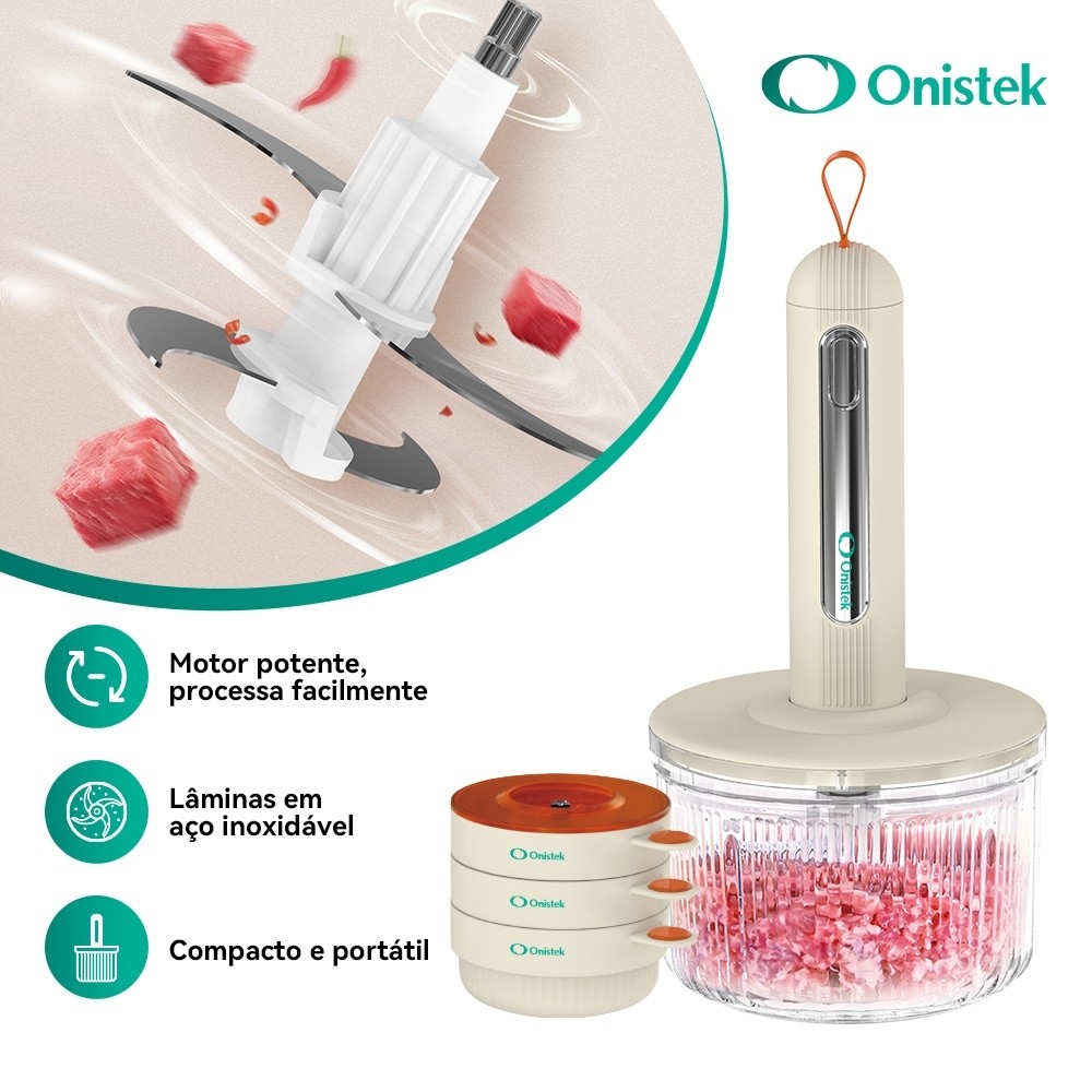 Mini Processador Elétrico Portátil 100W 1500ml Lâminas Inox Recarregável Bege ON-UD125P