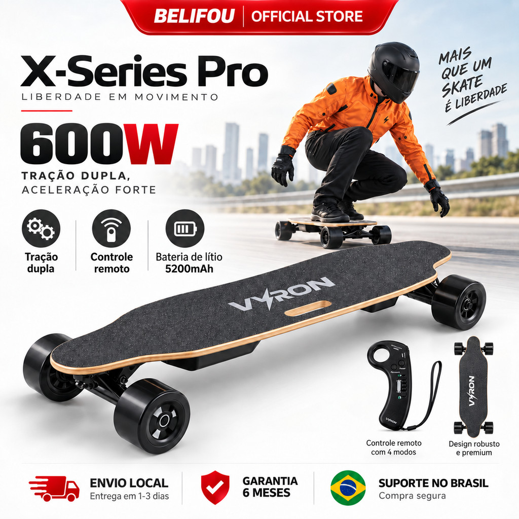 Skate Elétrico Longboard Dual Motor 600W 40km/h Controle Remoto X-Series Pro Titan para Adultos 3 Modelos