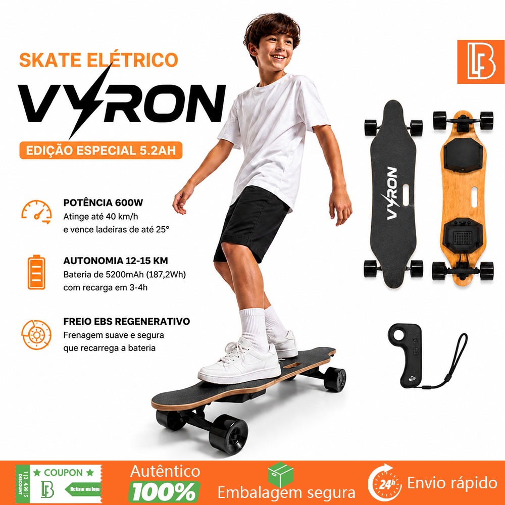 VYRON Skate Elétrico Com Controle 4 Rodas Infantil Longboard 36-42v 600w 8 Amperes Preto