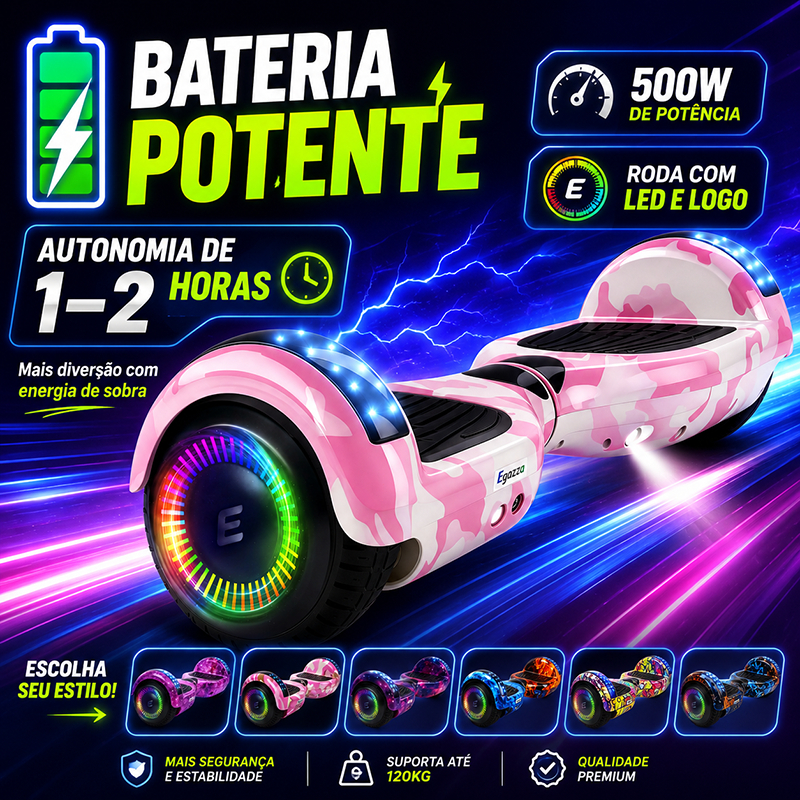 Egazza Hoverboard 6,5” 700W Skate elétrico Bateria de Alta Potência Bluetooth LED Auto Equilíbrio
