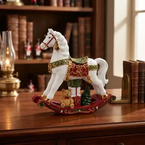 Enfeite Natalino Cavalinho De Natal De Resina De 20cm Luxo Branco Rocking Horse / Cavalo Balanço