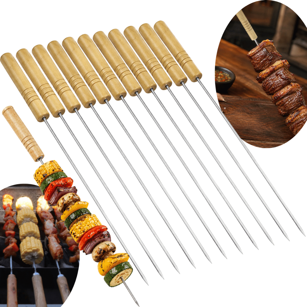 12 Espetos Churrasco 44cm Aço Resistente Assar Carnes Linguiça Frango Grill Área Gourmet Bar Espetar