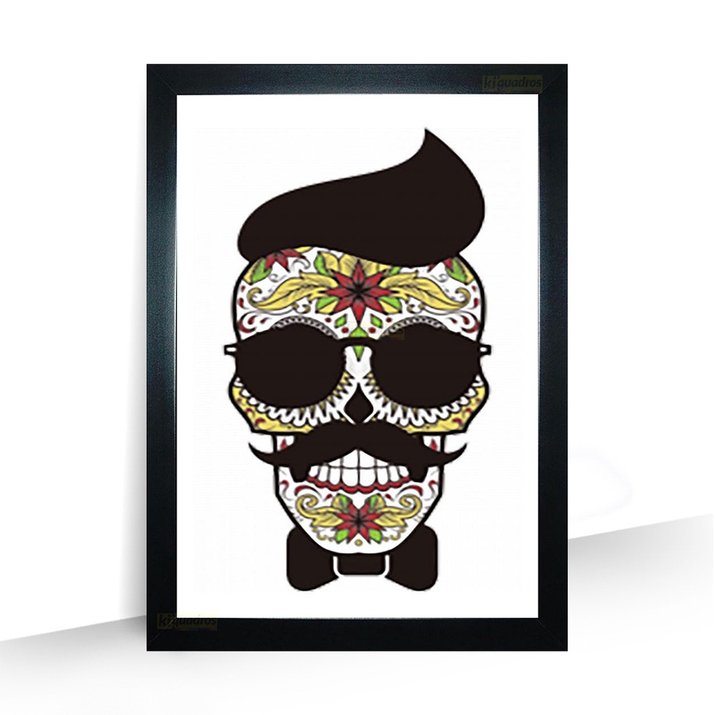 Quadro Caveira Music Barber Bar sala Moldura 44cm