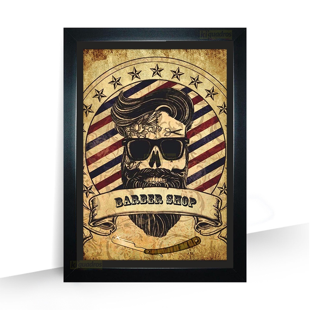 Quadro Bigode Rock Barba BarberShop Bar moldura 44cm