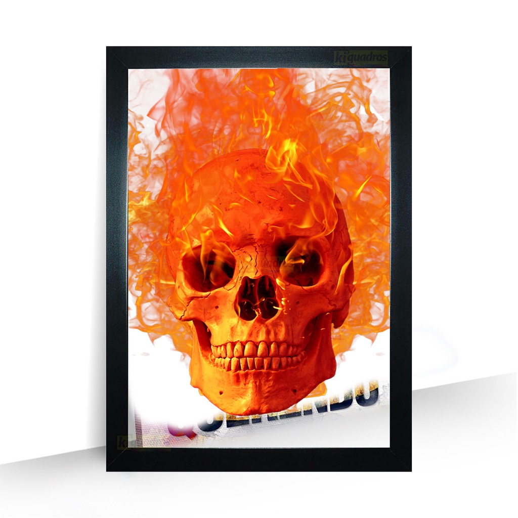 Quadro Caveira Laranja Barbershop Rock Bar moldura 44cm