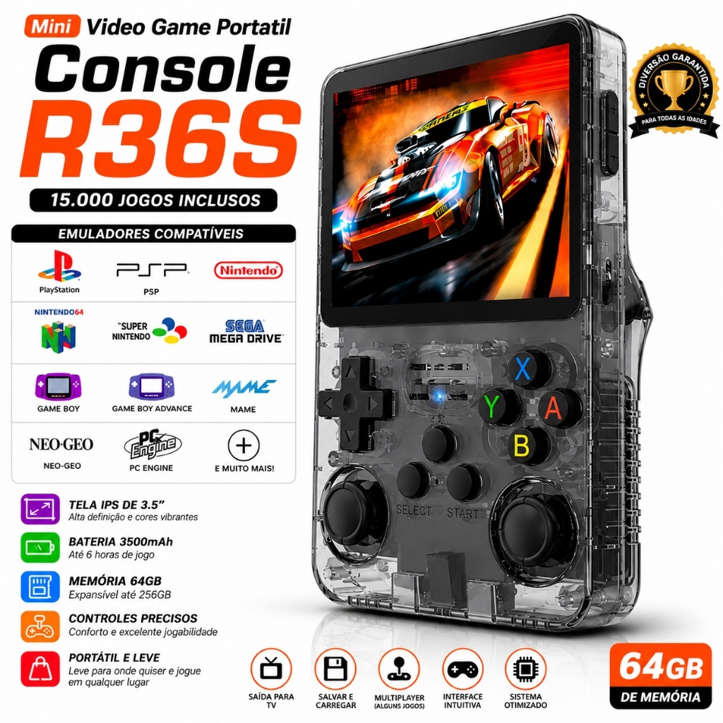 Mini Video Game Portátil R36S Original 64GB 15.000 Jogos Tela IPS 3.5 Linux Console Retro