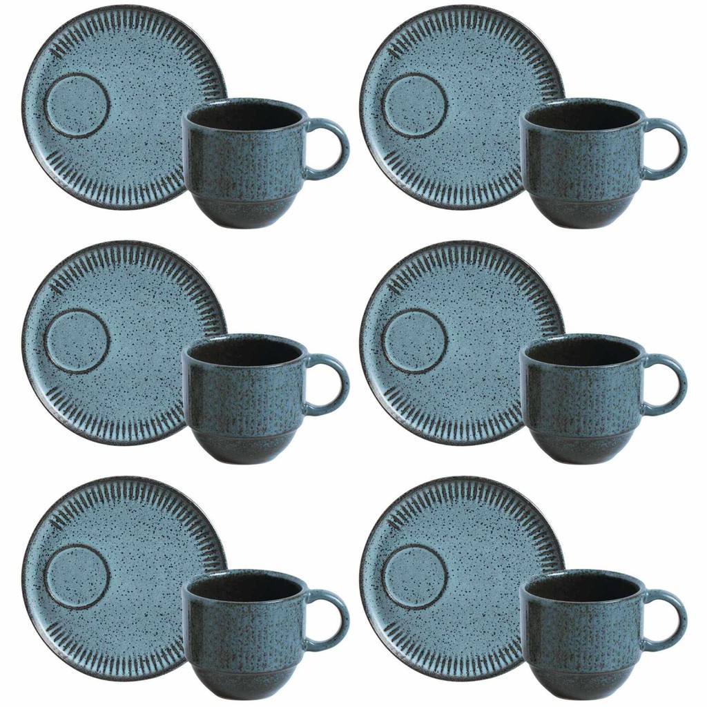 Conjunto de 6 Xícaras de Chá com Pires Stoneware Linhas Night Sky 230ml - Porto Brasil
