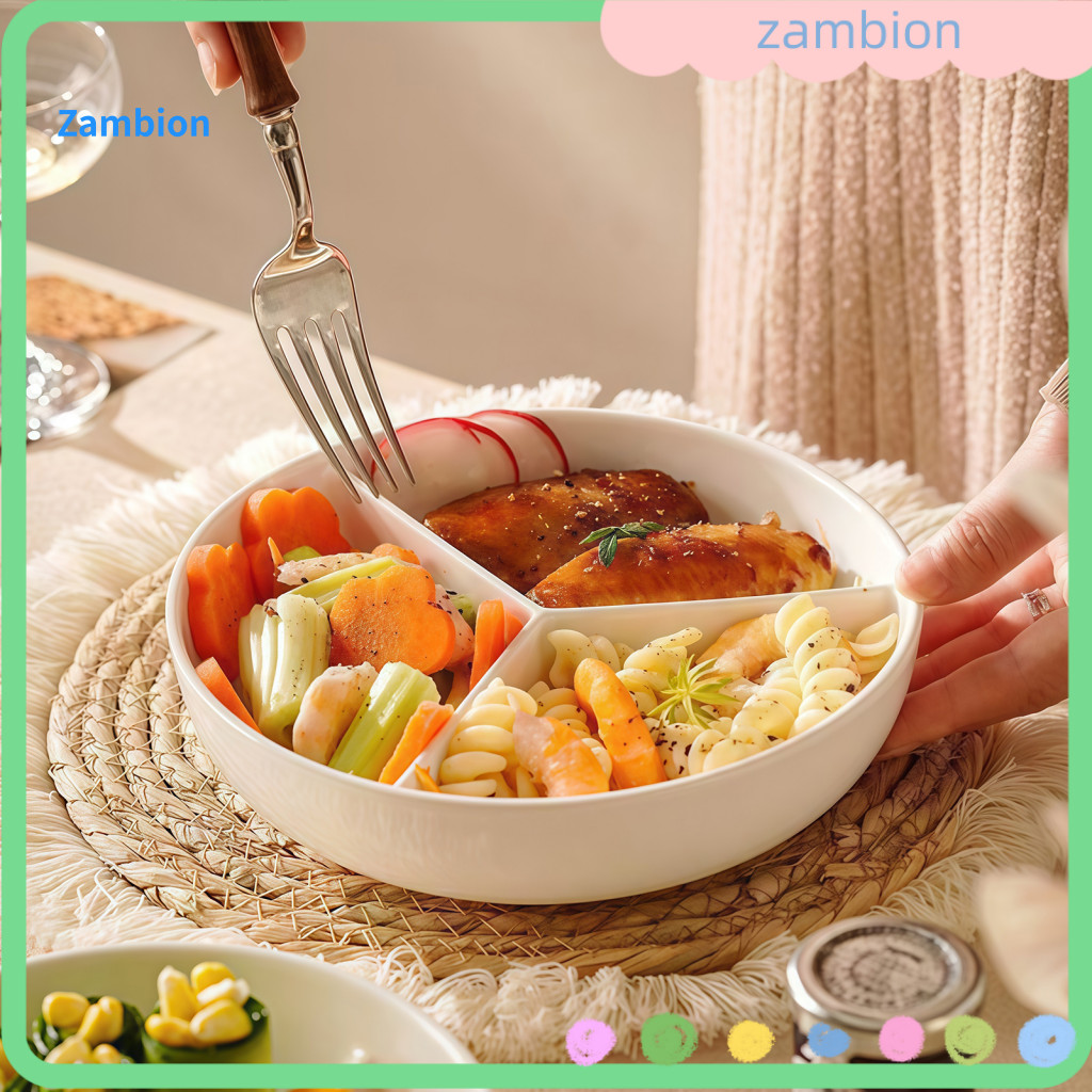 Ceramic Dinner Plate Three Section Serving Tray Steamer with 3 Divided Compartments – Round Food Separator for Rice Me