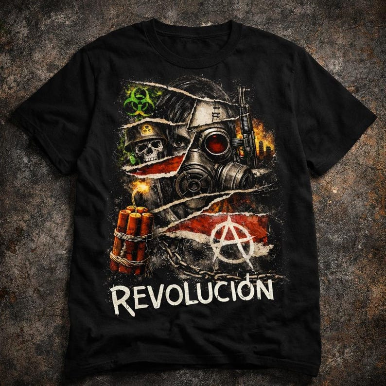 Camisa de Homem Preta de Algodão, Com Desenho de Gas - Mask, Bala de Granada e Anarca, Ideal para Ocasiões Informais