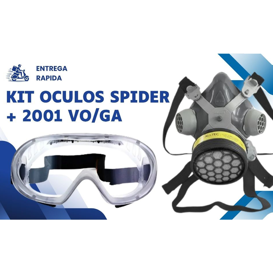 KIT Respirador 1/4 Facial Mastt ALLTEC 2001-VO/GA FILTRO CONTRA GASES E OCULOS DE PROTEÇÃO  EPI AMPLA VISÃO SPIDER
