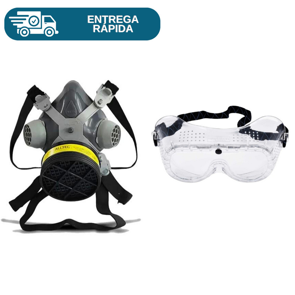 Kit Mascara Respirador 1/4 Facial C/ 1 Filtro VO/GA + Oculos Ampla Visão Perfurado P/ Pintura Poeira