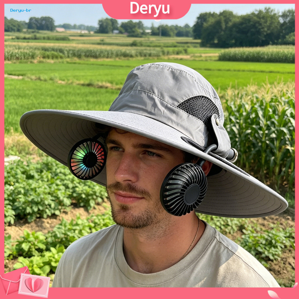 Wide Brim Sun Hat with Fan Bucket Dual Usb Rechargeable Fans 2-in-1 Cap Detachable Glow-in-the-dark Blades Adjustable Sp
