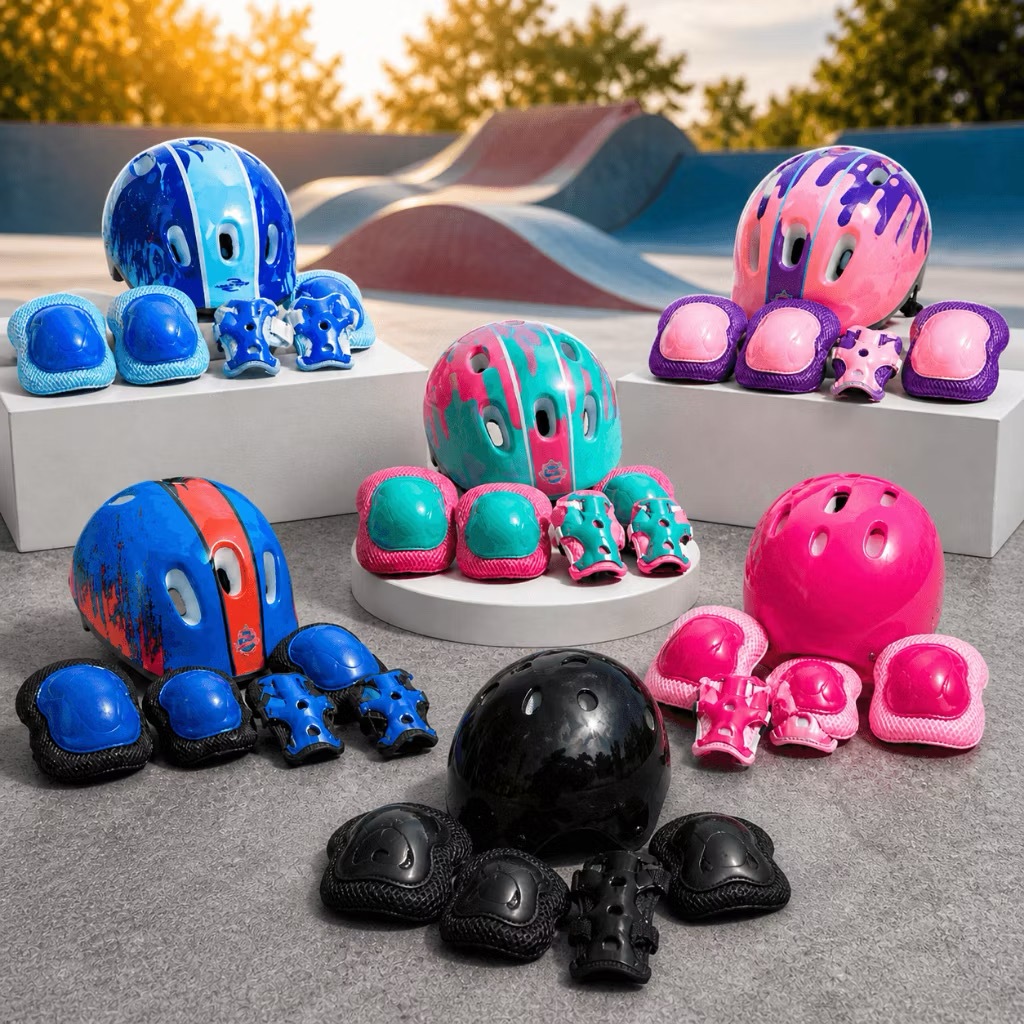 Kit Protecao Completo Infantil Set 7 Pecas Capacete Azul Seguro Confortavel
