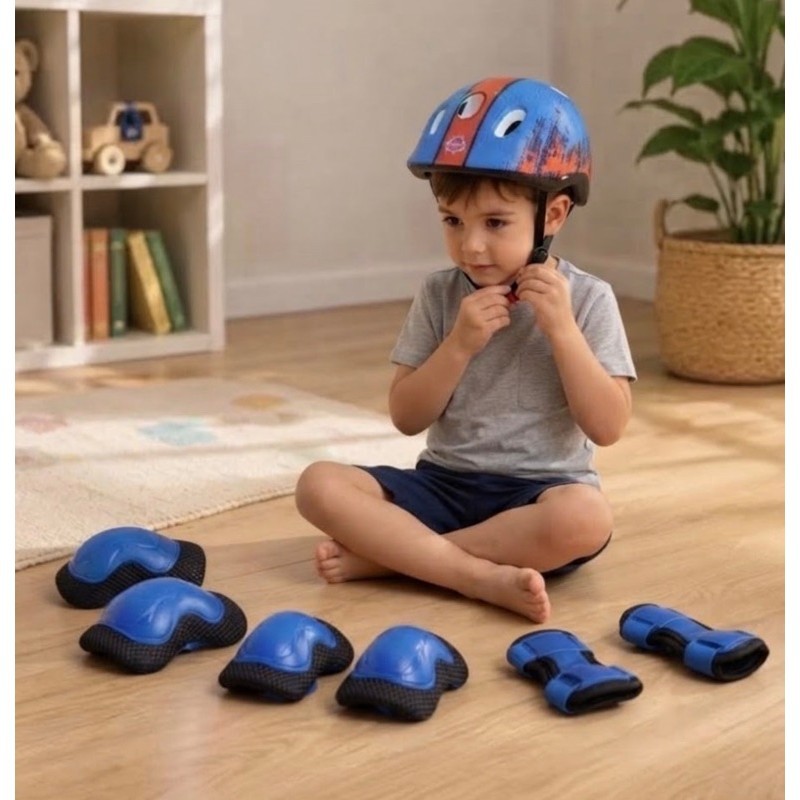 Kit Completo Protecao Infantil Capacete Set 7 Pecas Ajustavel Seguro Confortavel Azul Vermelho