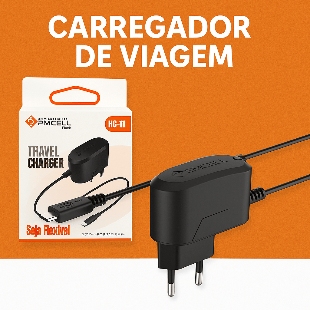 Carregador Celular Viagem PMCELL HC-11 Micro USB Bivolt Original Cabo Embutido 5V 1A Android Preto