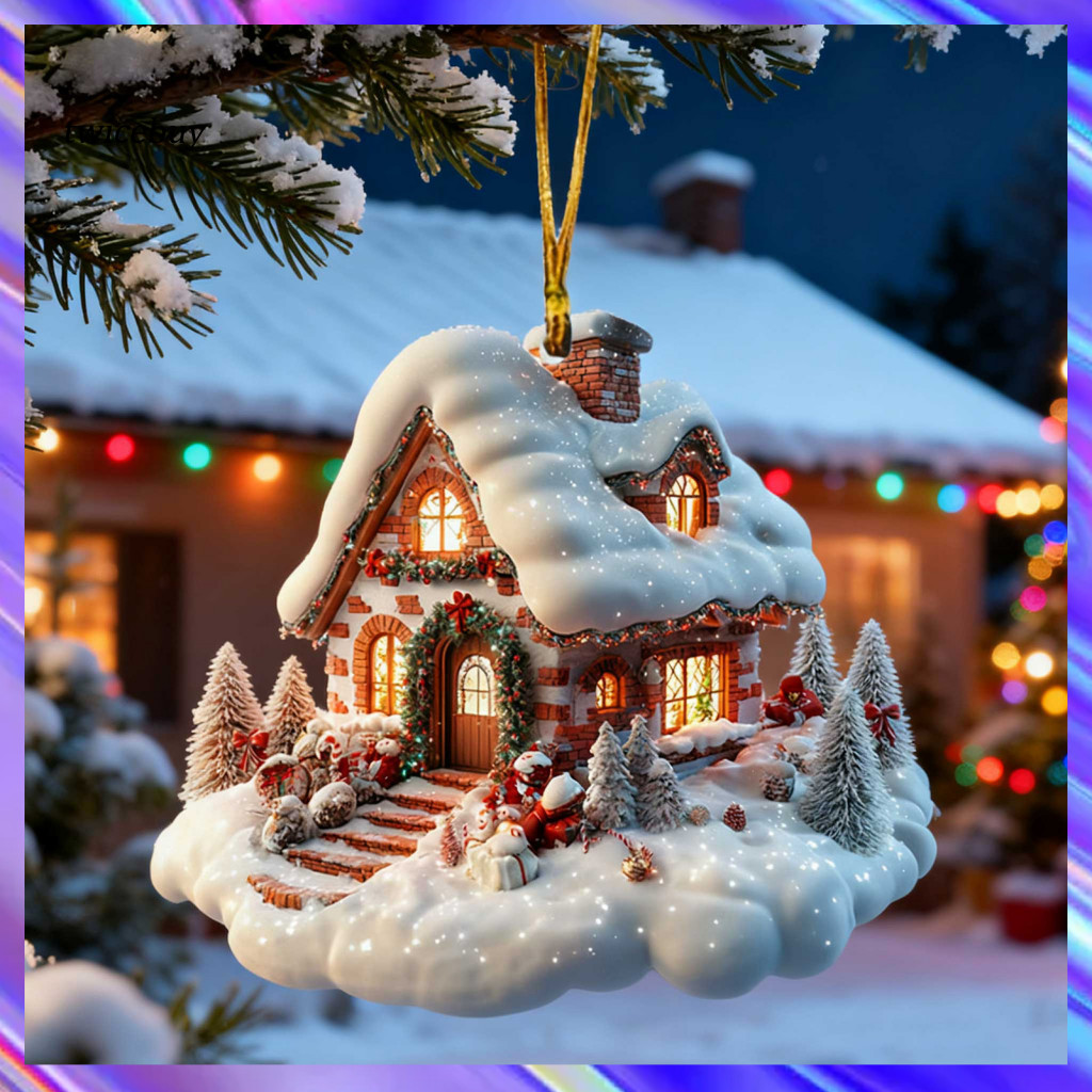 Festive Acrylic Christmas Decor Tree Ornament Rustic Snow Village House 2d Log Cabin Hanging Decoration for Winter Wonde