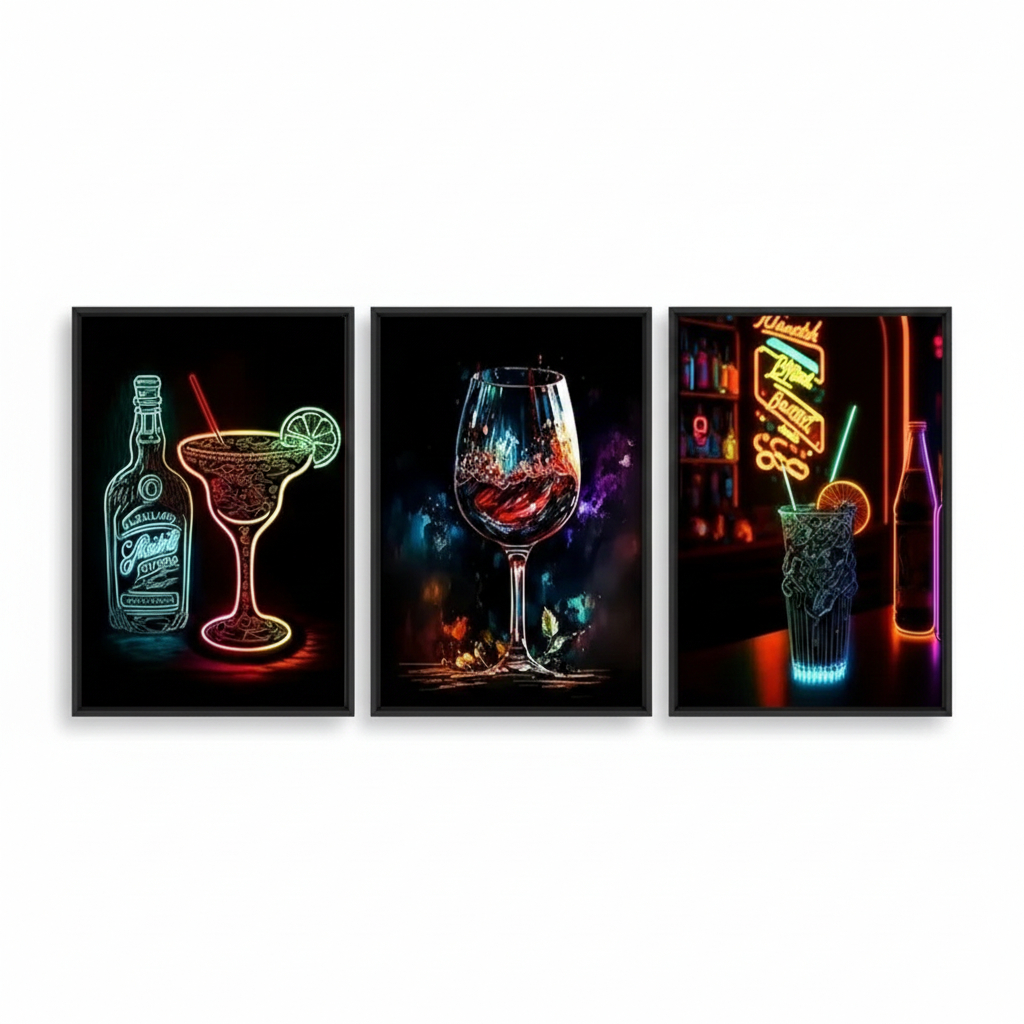 Quadro decorativo Abstrato colorido Neon Cocktail Drink (3 peças 40x60)