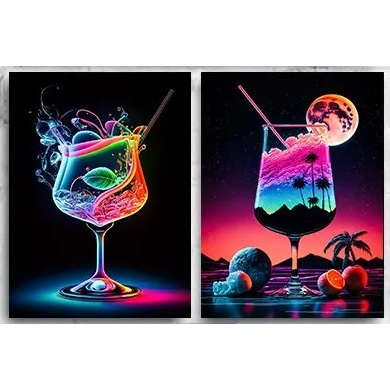 Quadro decorativo Abstrato colorido Neon Cocktail Drink (3 peças 40x60)