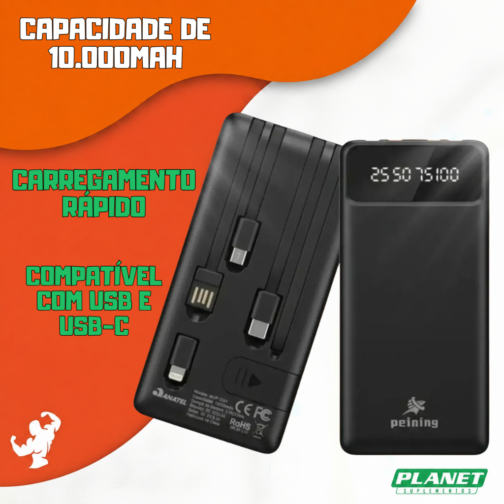 Power Bank WUP-1024 Peining Carregamento Rápido Seguro Compatível com USB E e C Compacto Portátil