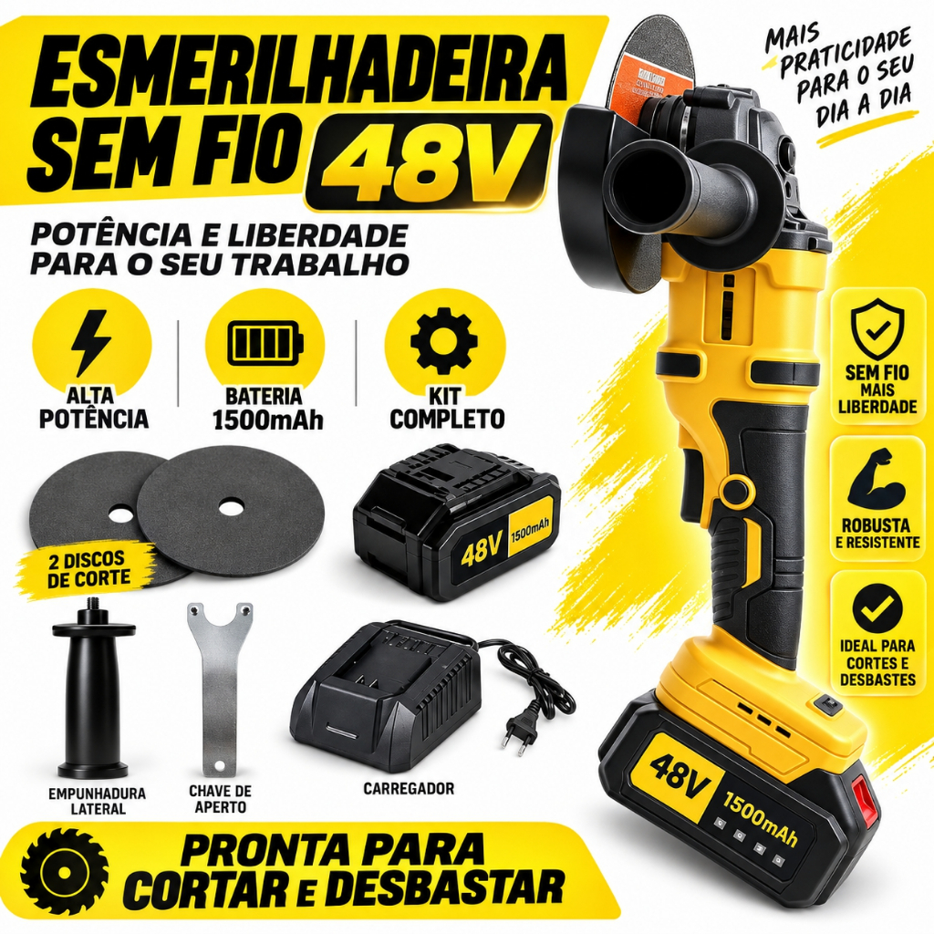 【3 Anos Gar】 Esmerilhadeira Angular Brushless 48V 1500mAh de Lítio para Corte e Lixamento