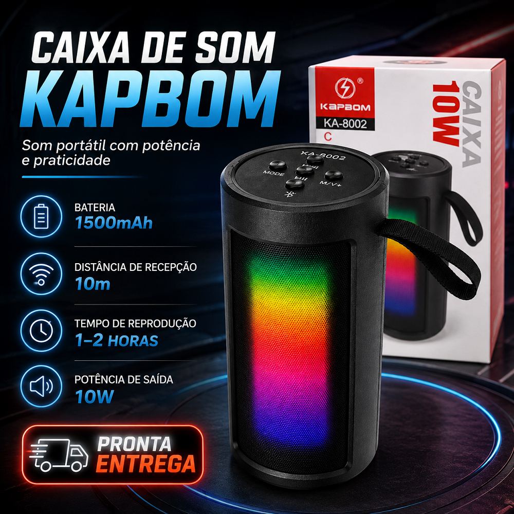 Caixa de Som Kapbom KA-8002 10W Bluetooth Portátil RGB Bateria 1500mAh Recarregável