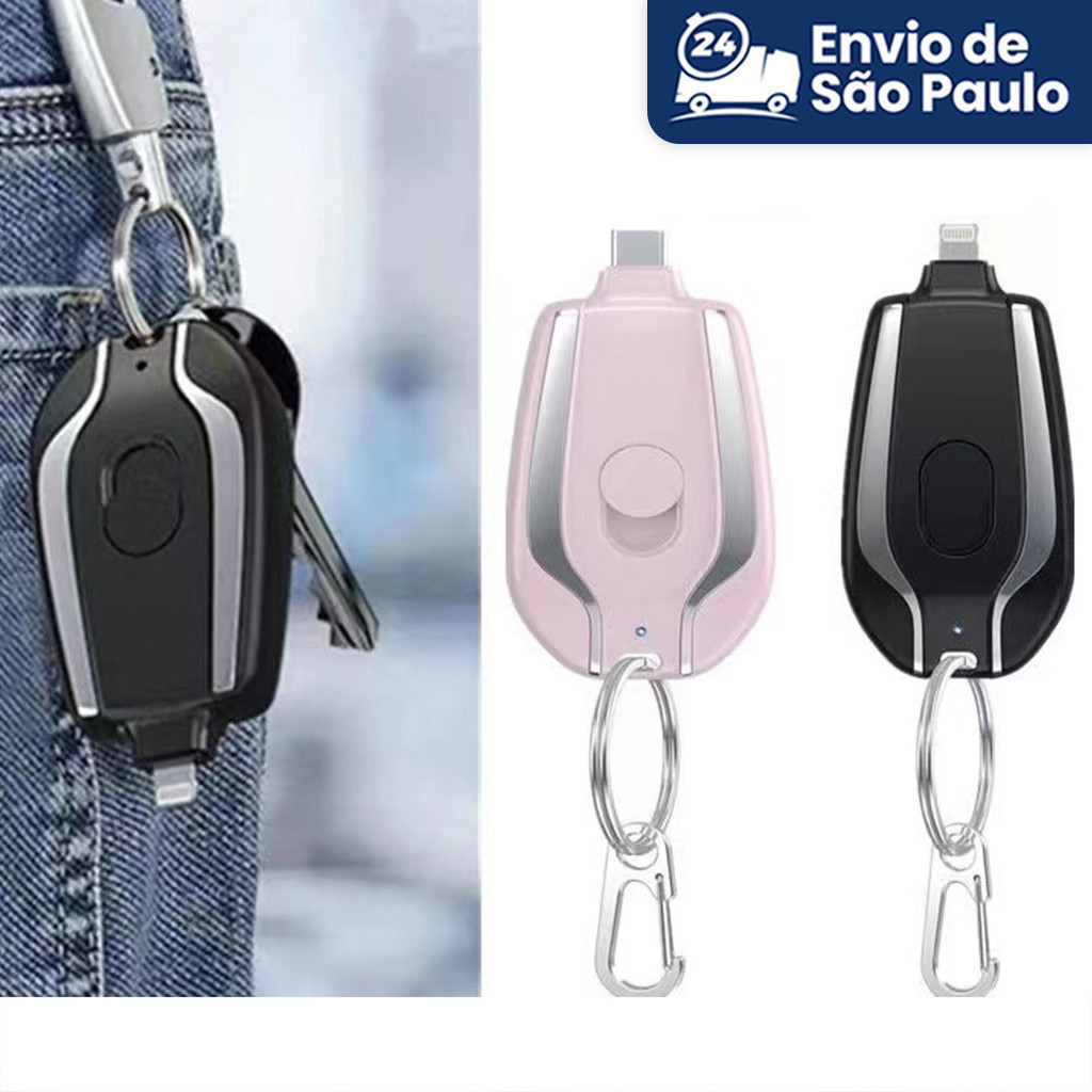 Carregador de Celular Portátil Chaveiro 1500mAh para iPhone e Android - Ideal para Emergências