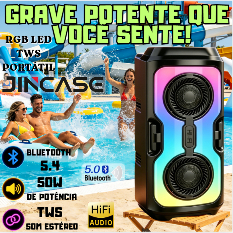 Caixa de som Bluetooth Portátil Com Led RGB Portátil FM USB TWS 50W Para Praia, Festa ou Viagem 1500mah Potente