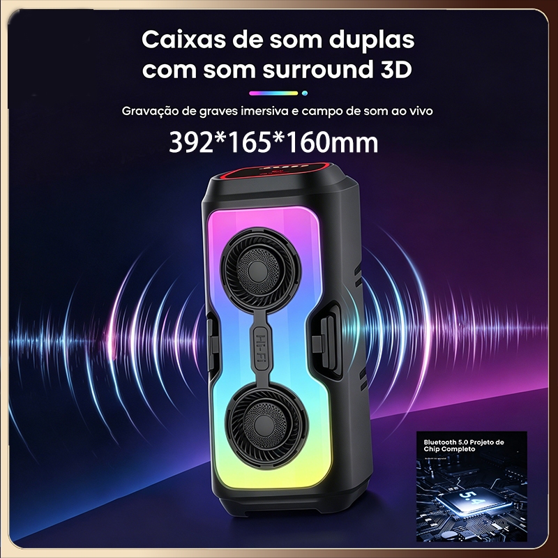 Caixa de som Bluetooth Portátil Com Led RGB Portátil FM USB TWS 50W Para Praia, Festa ou Viagem 1500mah Potente