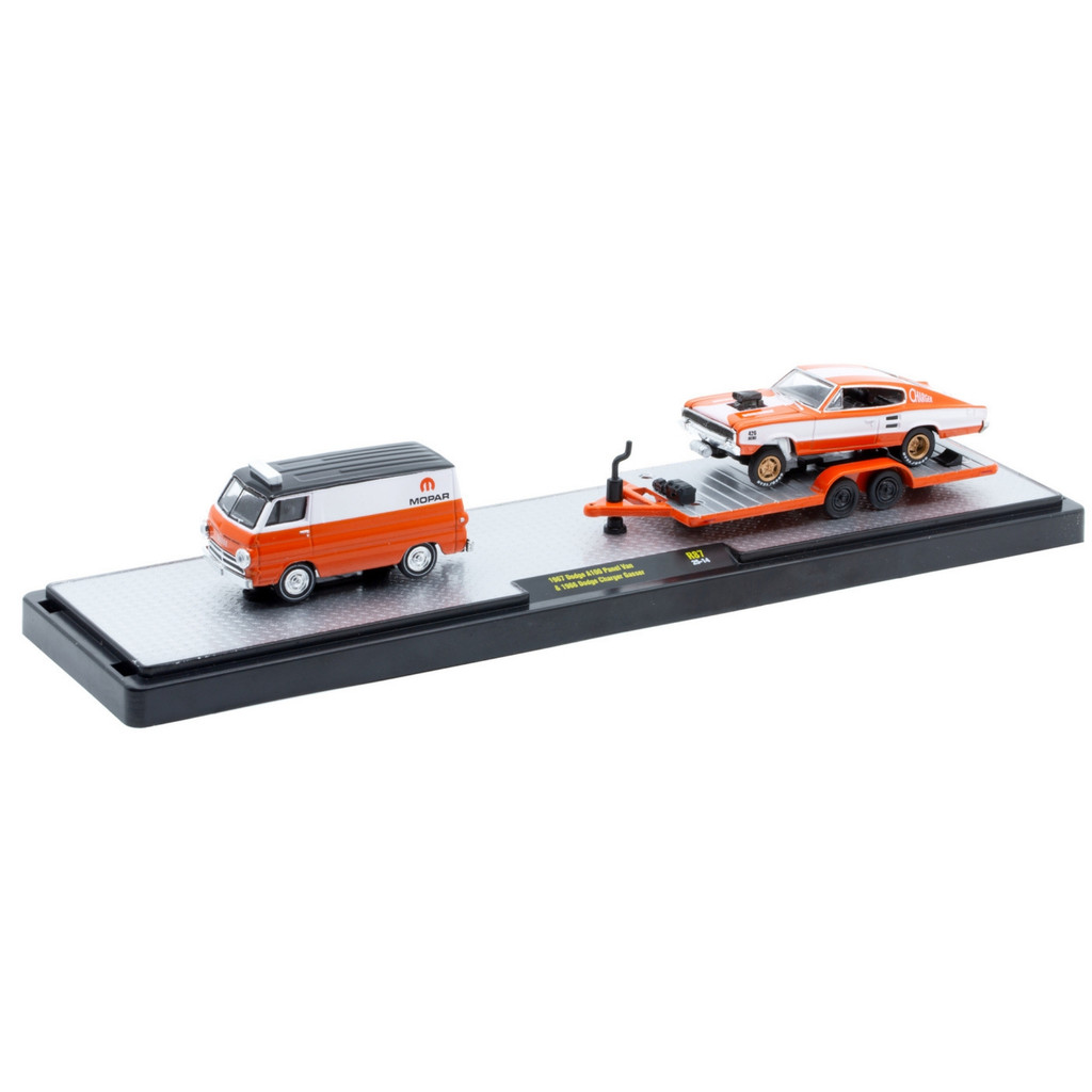 Miniatura Dodge A100 Panel Van 1967 e Dodge Charger Gasser 1966 - Auto Hauler 86 - M2 Machines - 1:64