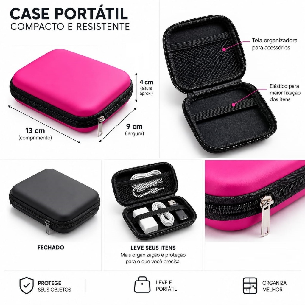 Capa Case Bag Estojo Organizador Acessórios Fones de ouvido Carregador Pendrive HD externo Maquiagem Porta Treco