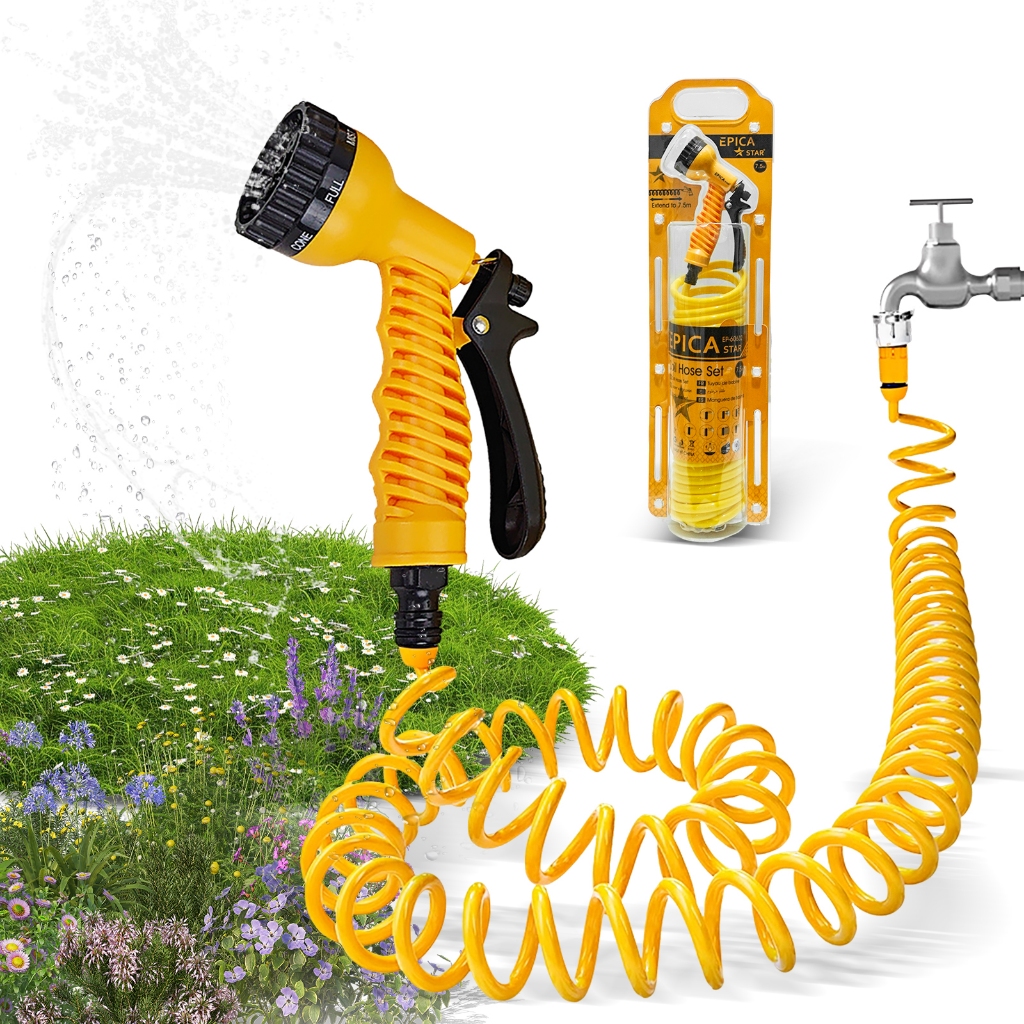 Flexible Expandable Eva Coil Garden Hose Set 7.5M Retractable Garden Water Hose Pipe Spray Nozzle EPICA STAR EP-60632