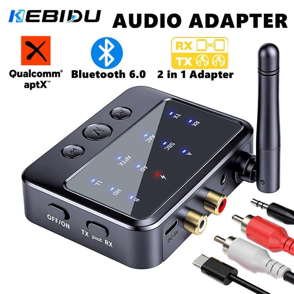 KEBIDU Receptor Bluetooth 6.0 Transmissor AptX-Adaptativo 2 em 1 Adaptador de Áudio AD/HD/LL AAC SBC Adaptador de Música