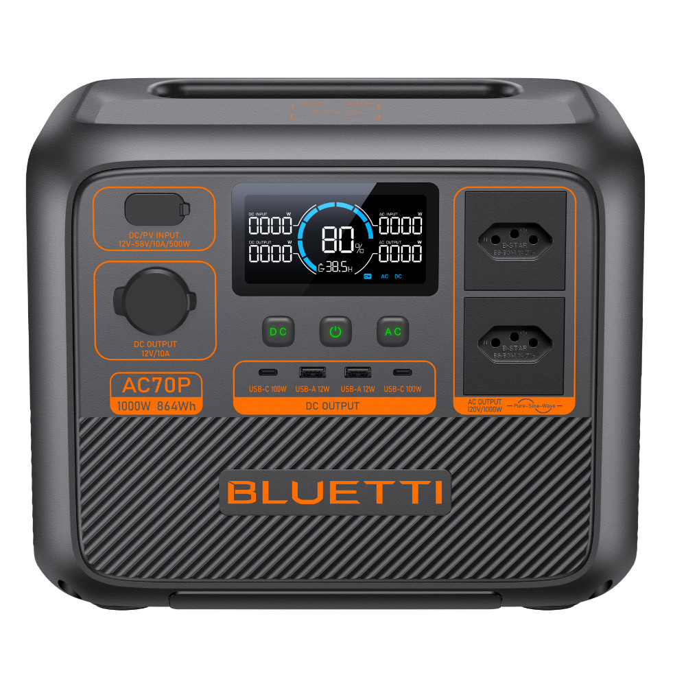 Estação de Energia Portátil Bluetti  Carregamento Por Indução AC70P 1000W 864Wh