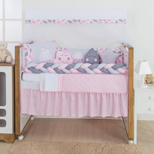 Kit Protetor Berço Completo Trança Nuvem Rosa