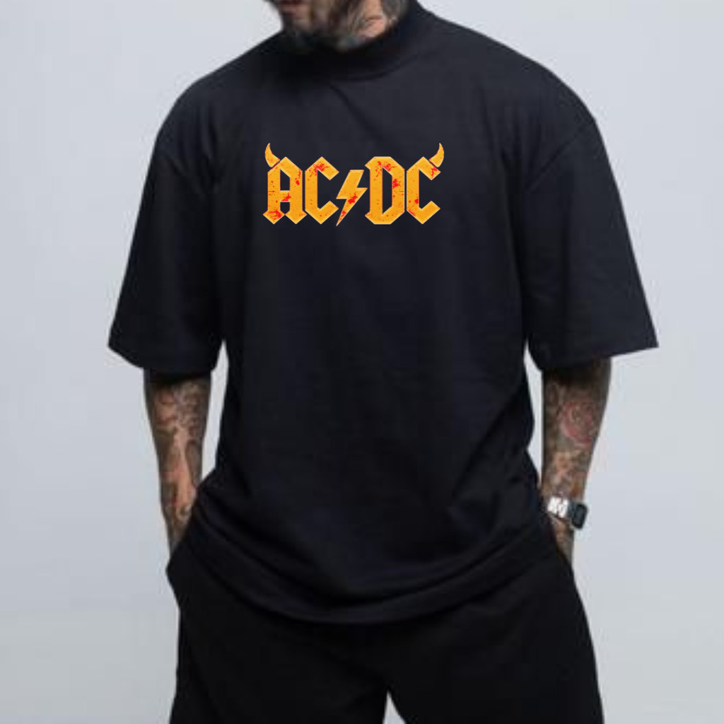 Camiseta Oversized Ac Dc Hard Rock Escrita Fogo Stylish 100% Algodão