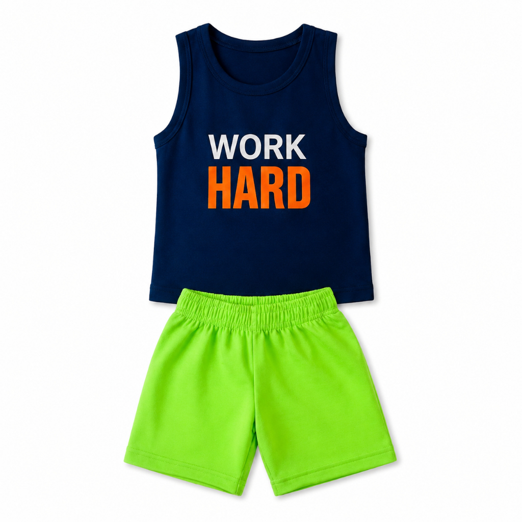 Conjunto Infantil Menino Regata Work Hard e Shorts Verão Tamanhos 2 ao 12