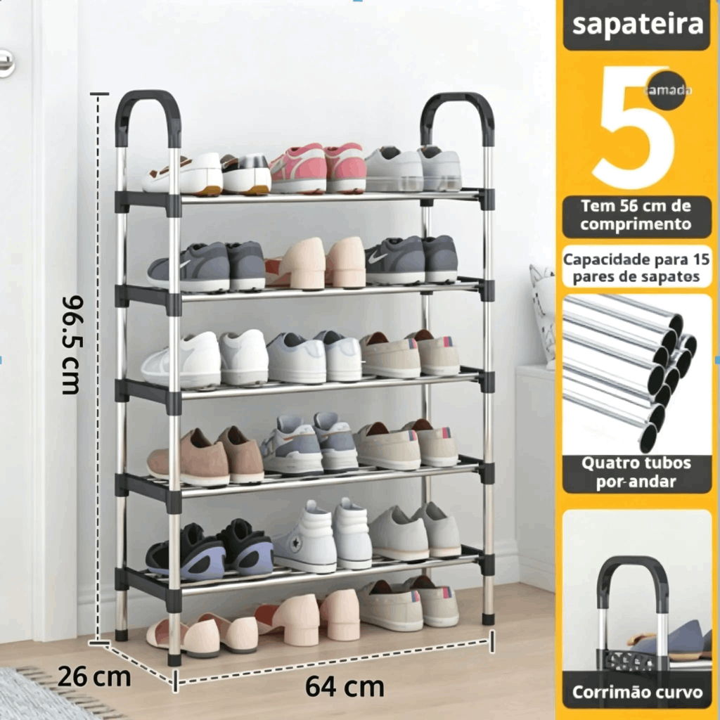 5 Tiers metal Shoe Rack Vertical Organizer Multipurpose Shelf Chrome Steel Dismountable