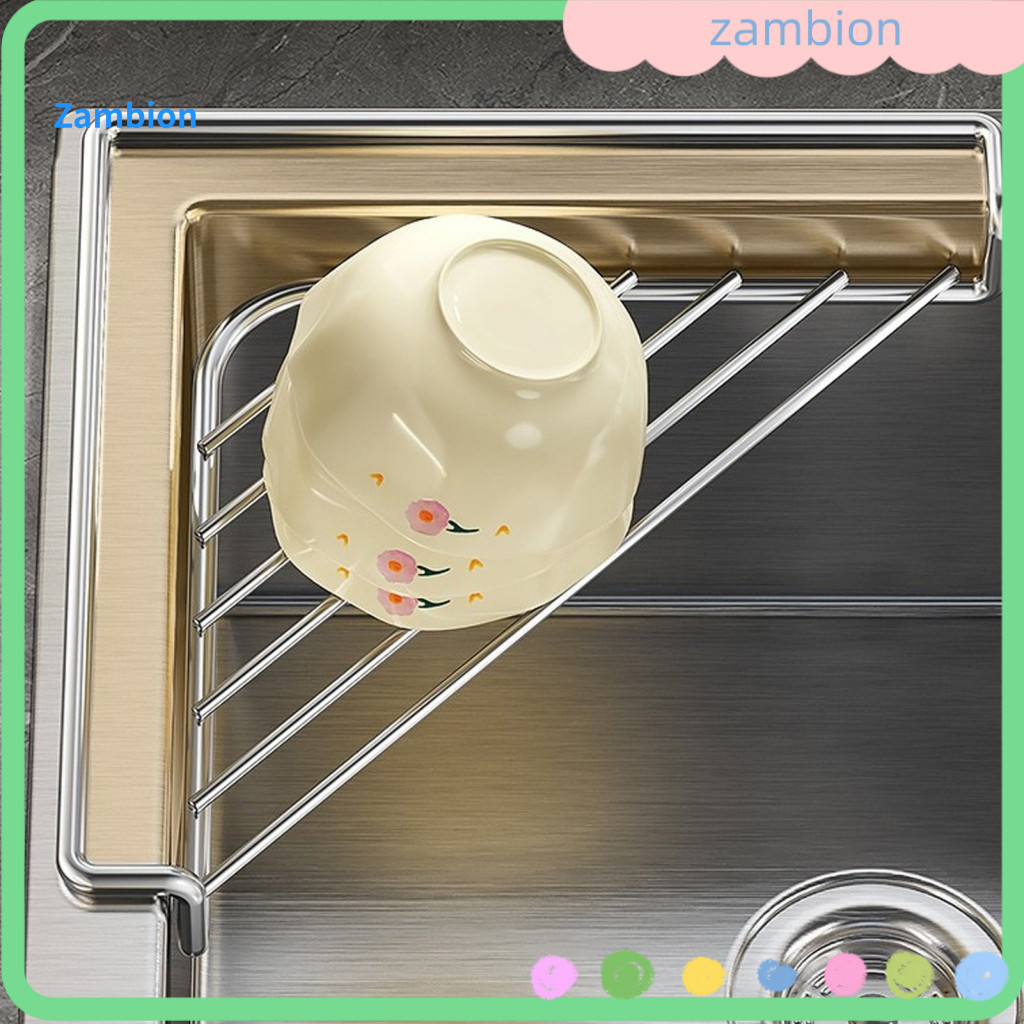 Stainless Steel Sponge Holder Compact Sink Accessory Corner Shelf Triangular Storage Rack Hollow Mesh Dish Stable Space-