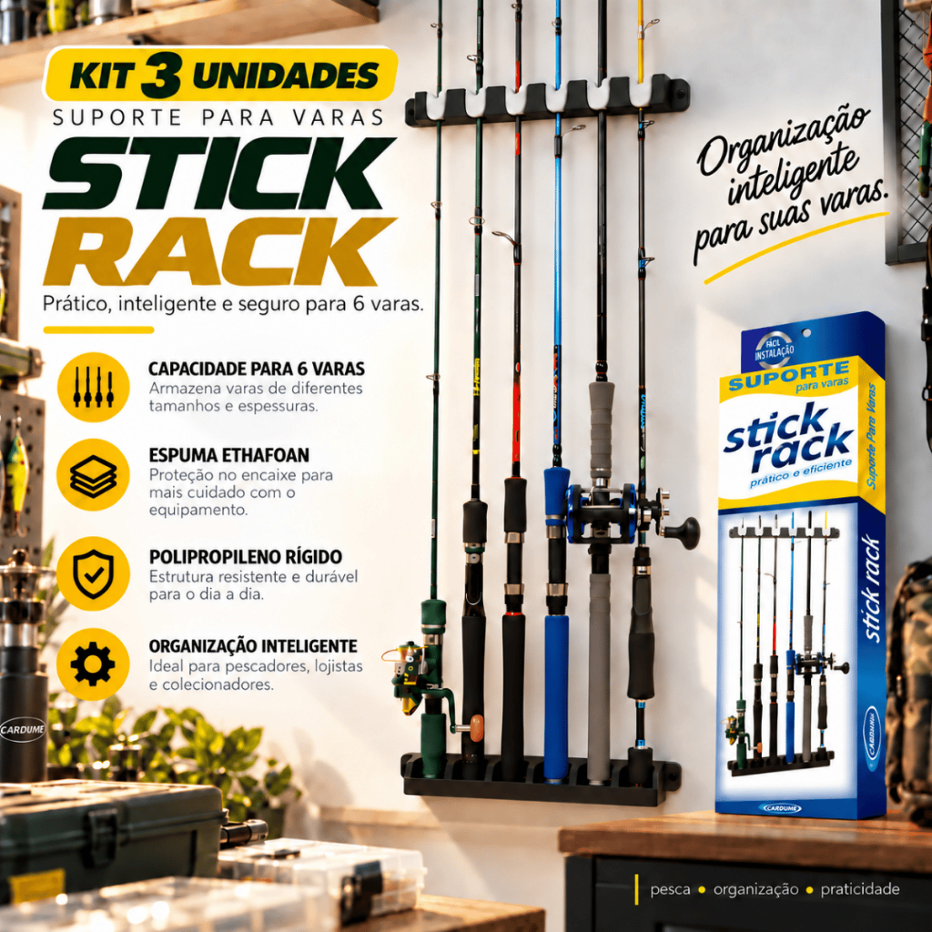 Kit 3 Suportes Parede 6 Varas Stick Rack Molinete Carretilha (3 Unidades)
