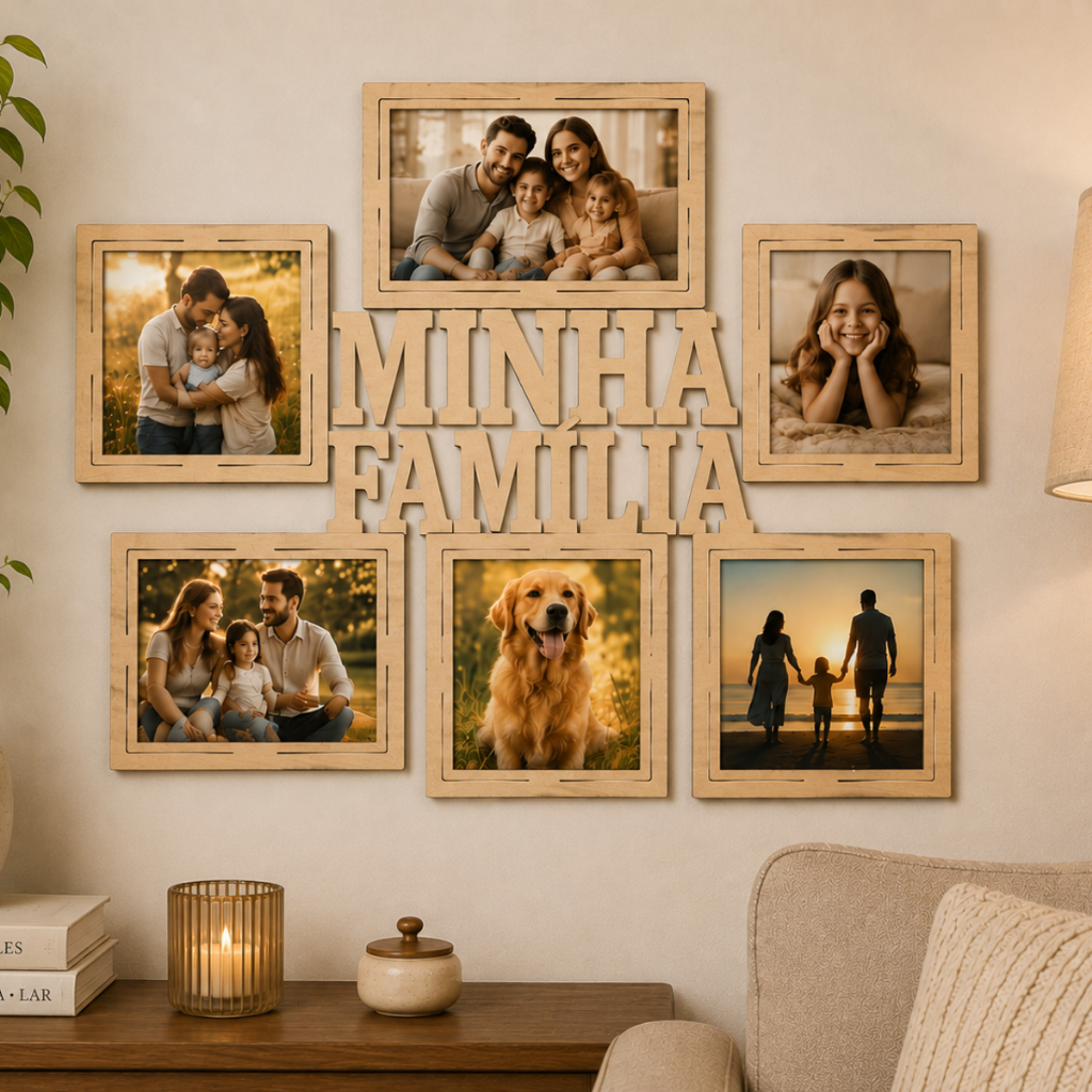 Quadro Decorativo Minha Família MDF 3mm Porta Fotos Parede 55cm x 44cm