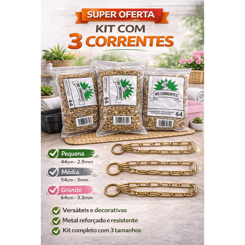 Kit 3 Correntes Douradas 44cm 54cm 64cm – Metal Reforçado Resistente e Decorativo