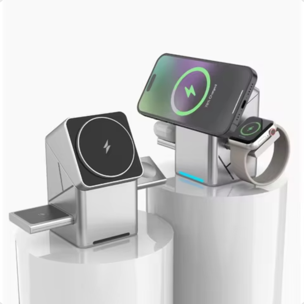 Carregador Indução Turbo Magnético 3 Em 1 Celular Relógio Rotação 360º