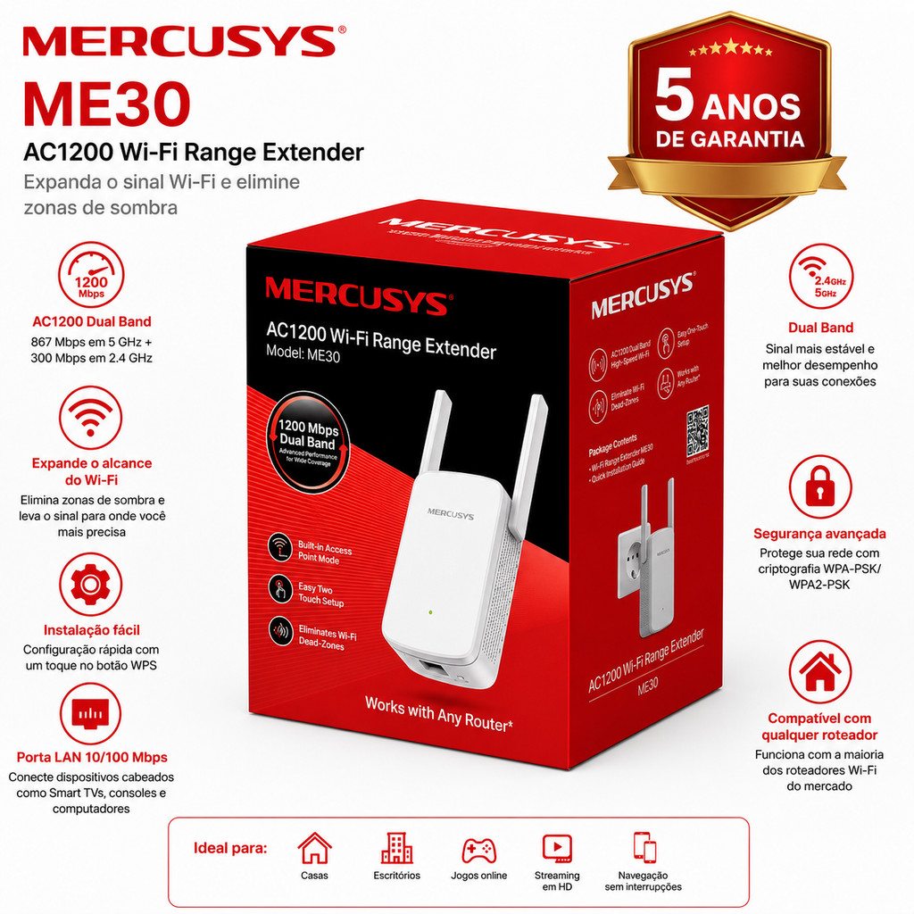 Repetidor de Sinal Wi-fi Mercusys / Tp-Link ME30 AC1200 Extensor de Alcance High Speed
