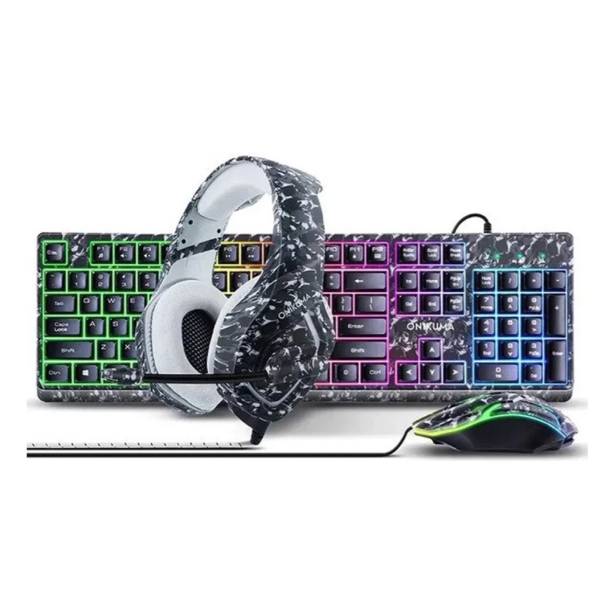 Kit Gamer Onikuma Tz3002 Teclado Mouse Headset Camo Cinza