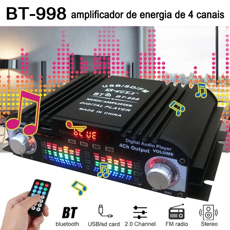 12V 1600W Amplificador De Áudio Hifi De 4 Canais Bluetooth5.0 Usb Sd Aux BT-998 Player De Karaokê ALT