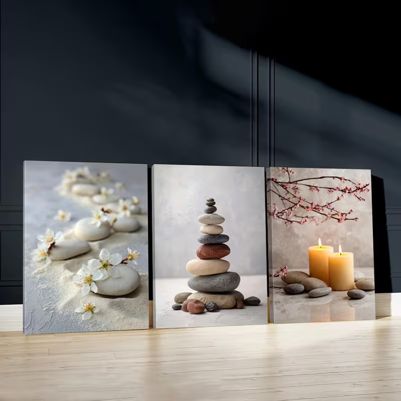 Conjunto 3 Quadros Meditação Flores e Cerejeira Tons Neutros Decoração Oferta Massagem e Yoga