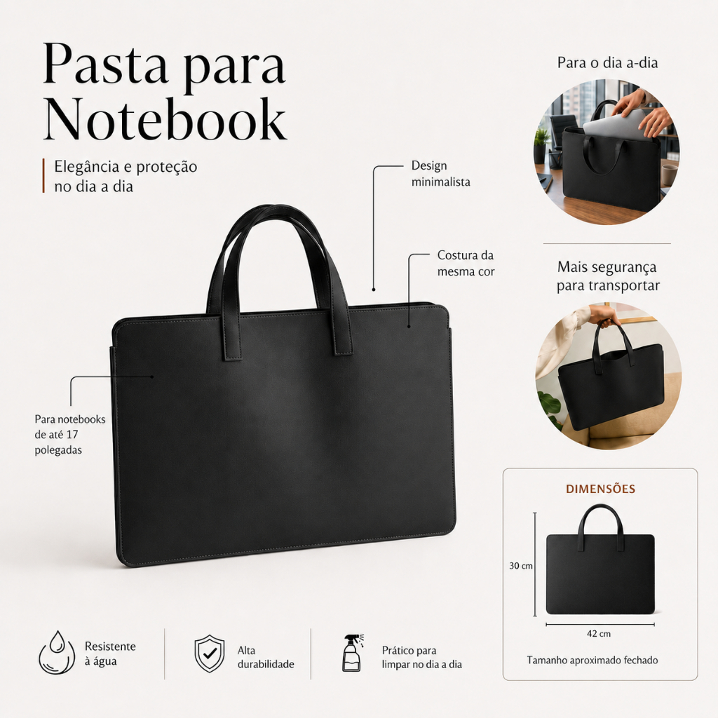 Sacola Para Notebook com Alça Produzida em Couro Sintético Preto Premium