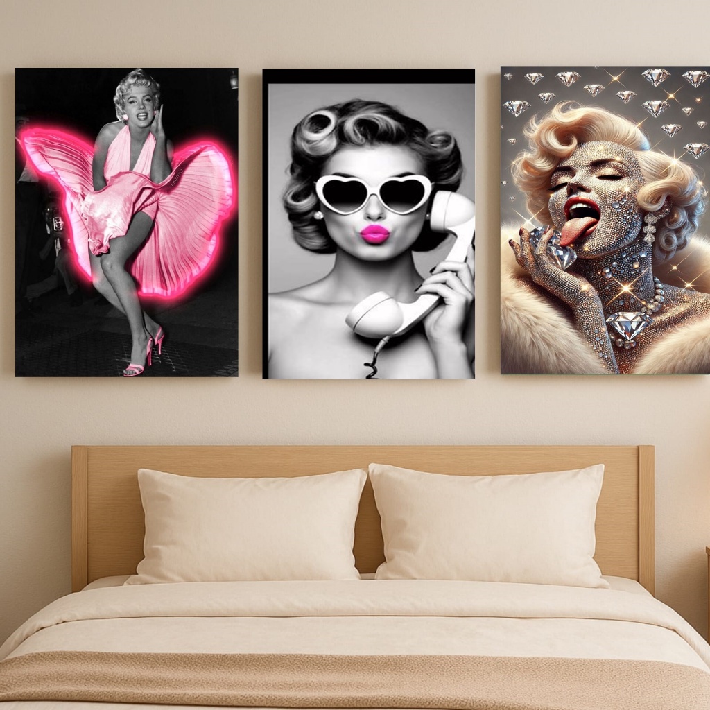 KIT 3 Quadros Decorativos MDF Boneca de Luxo Vintage Marilyn Monroe | Fita Dupla Face Forte | MDF 20x28