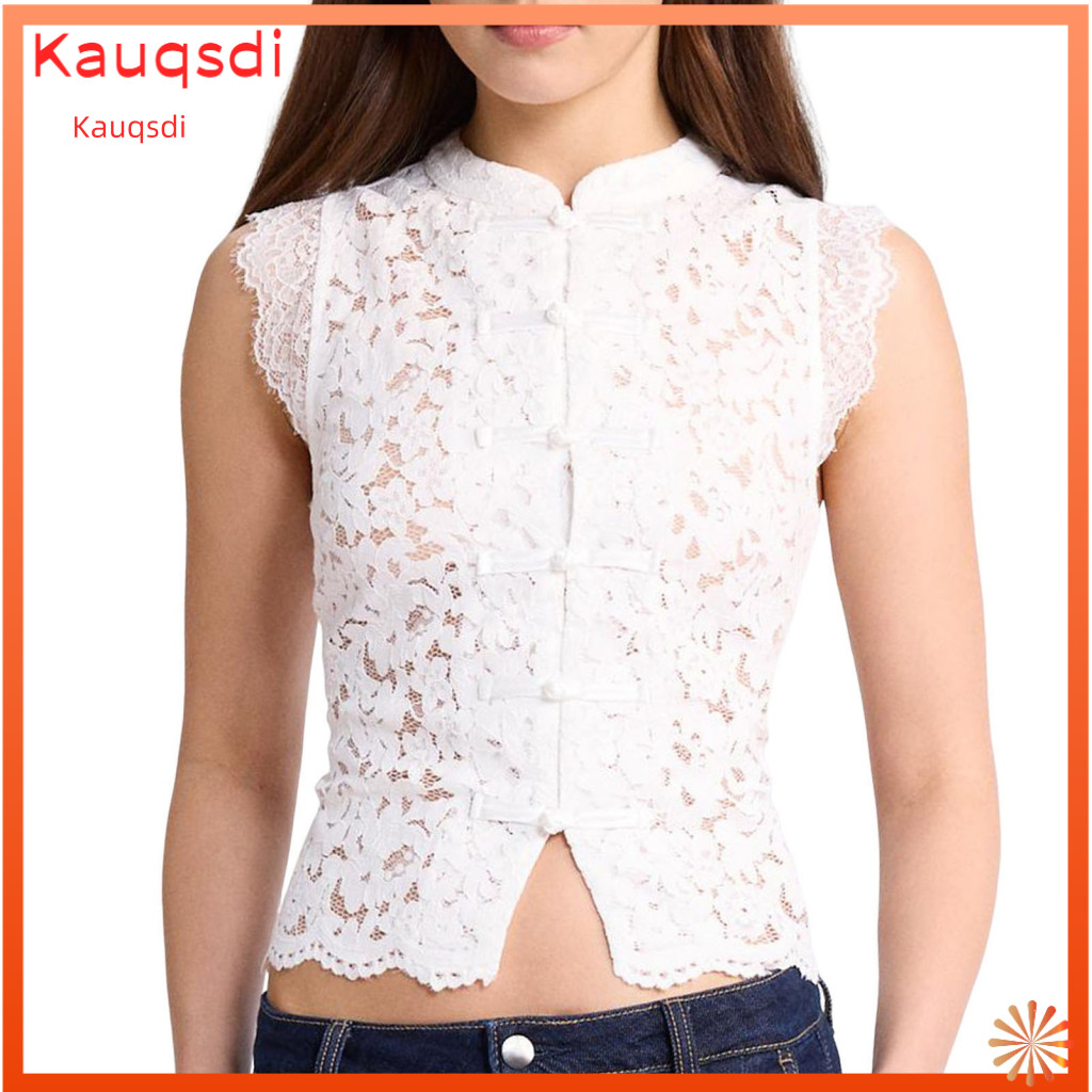 Regular Fit Women Tops Lace Women’s Stand Collar Blouse with Embroidery and Knot Button Sheer Perspective Streetwear T